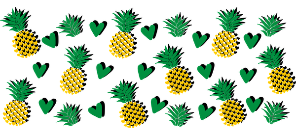 Un patrón vibrante que presenta divertidas piñas y corazones verdes, perfecto para agregar un toque tropical a cualquier diseño. Transferencias UV