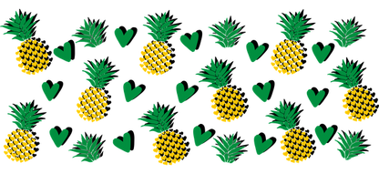 Un patrón vibrante que presenta divertidas piñas y corazones verdes, perfecto para agregar un toque tropical a cualquier diseño. Transferencias UV