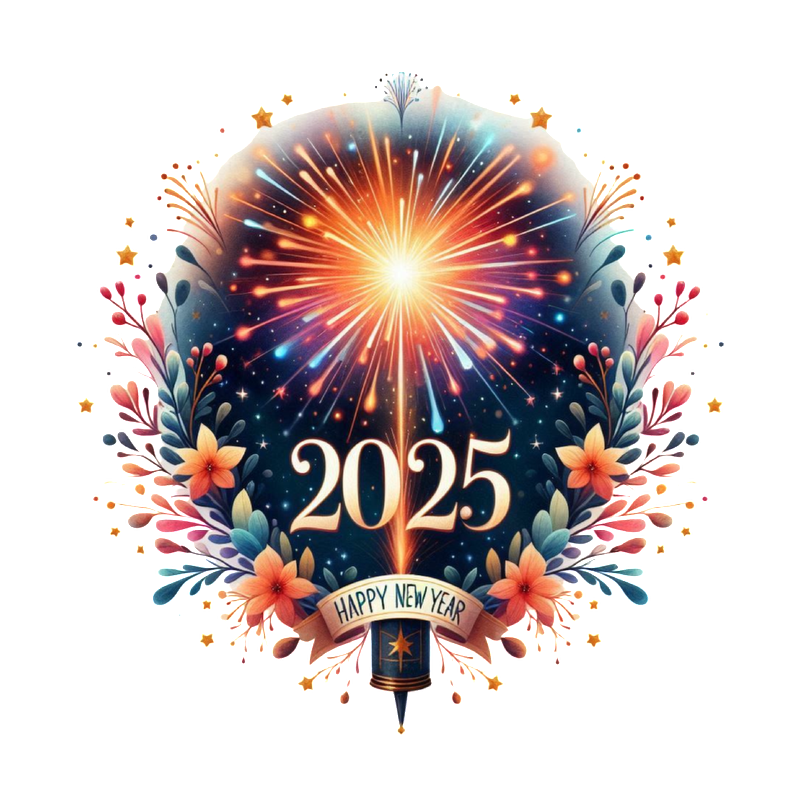 Celebrate the arrival of 2025 with this vibrant New Year graphic featuring fireworks and floral designs!DTF Transfers