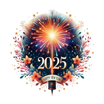 Celebrate the arrival of 2025 with this vibrant New Year graphic featuring fireworks and floral designs!DTF Transfers