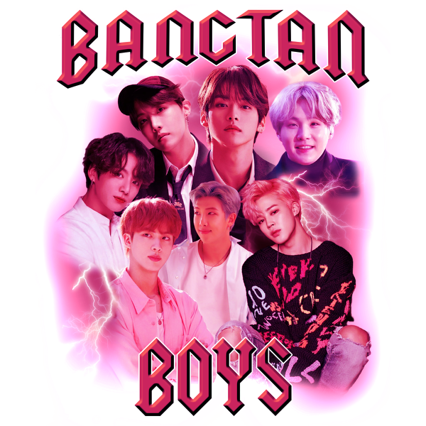 A vibrant fan art collage featuring the members of BTS with bold text and lightning effects, celebrating their iconic status.DTF Transfers heat press transfers