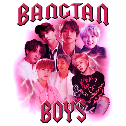 A vibrant fan art collage featuring the members of BTS with bold text and lightning effects, celebrating their iconic status.DTF Transfers heat press transfers