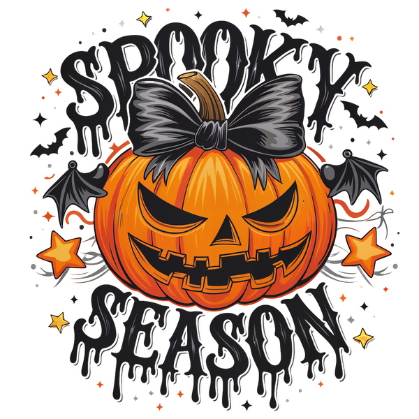 A playful Halloween design featuring a carved pumpkin with a bow, bats, and the phrase "Spooky Season." dtf prints