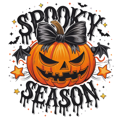 A playful Halloween design featuring a carved pumpkin with a bow, bats, and the phrase "Spooky Season." dtf prints