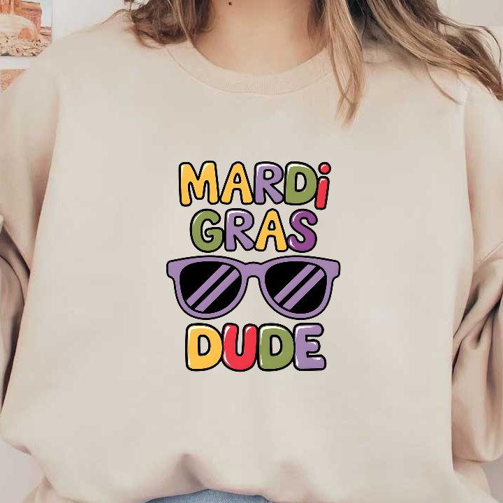 Celebrate Mardi Gras with this vibrant and playful graphic that features colorful text and stylish sunglasses!DTF Transfers