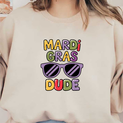 Celebrate Mardi Gras with this vibrant and playful graphic that features colorful text and stylish sunglasses!DTF Transfers