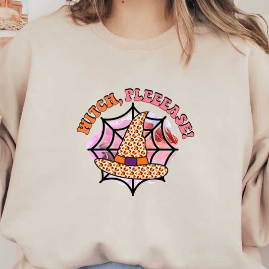 A playful Halloween design featuring a leopard print witch hat against a colorful web backdrop with the playful text "WITCH, PLEEEASE!"dtf regular iron