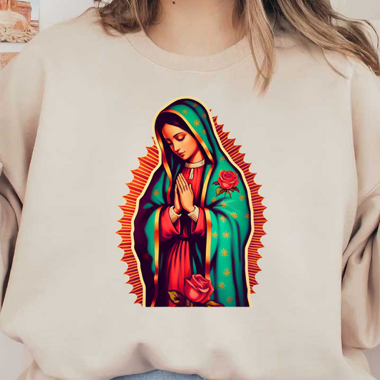 A vibrant illustration of a praying figure adorned in a teal cloak with roses, radiating serenity and devotion.dtf regular iron