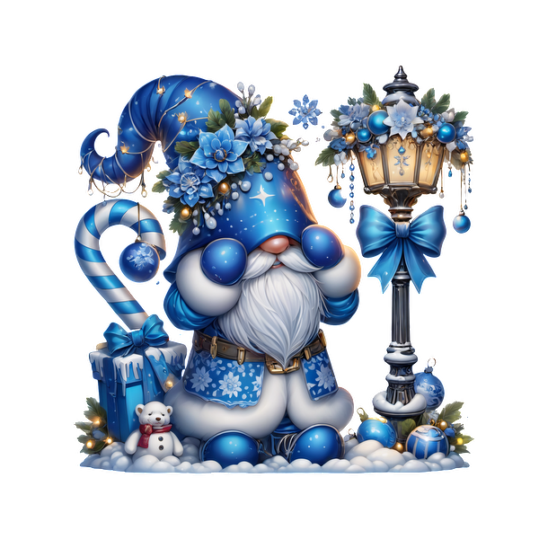 A cheerful winter gnome in a blue floral hat and coat, surrounded by gifts, a candy cane, and a lantern.DTF Transfers heat press transfers