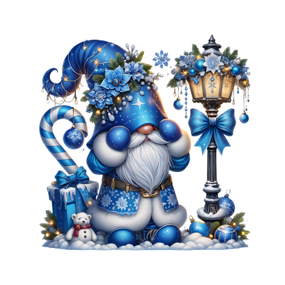 A cheerful winter gnome in a blue floral hat and coat, surrounded by gifts, a candy cane, and a lantern.DTF Transfers heat press transfers