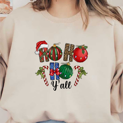 A festive display featuring colorful holiday letters, ornaments, candy canes, and a bow, all celebrating the cheerful spirit of Christmas.DTF Transfers dtf prints