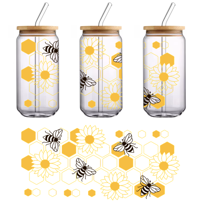 A vibrant design featuring sunflowers, honeycomb patterns, and bees in warm yellow and dark tones, celebrating nature's beauty.UV Transfers heat press transfers