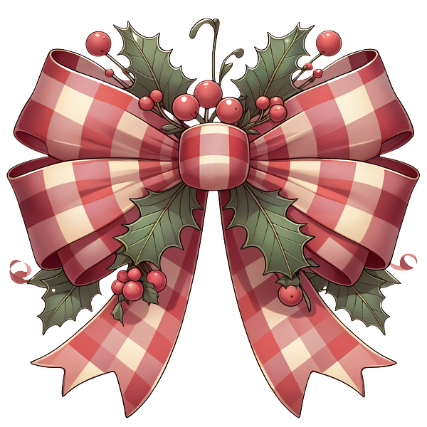 A festive red and white checkered bow adorned with holly and berries, perfect for holiday decorations. dtf transfers