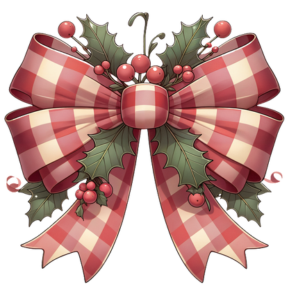 A festive red and white checkered bow adorned with holly and berries, perfect for holiday decorations. dtf transfers