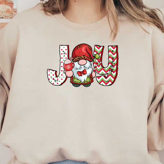 A cheerful gnome holds a festive cup and candy cane next to the word "JOY" in colorful holiday patterns. dtf transfers