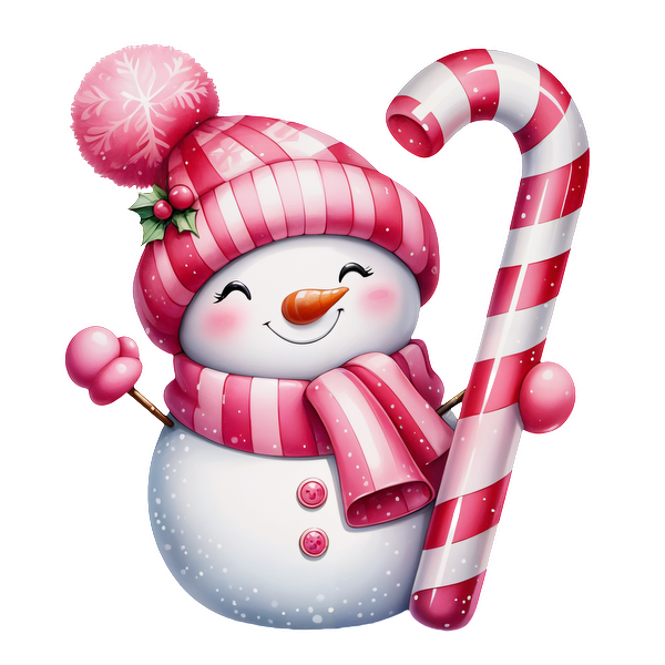 Cheerful snowman adorned with a pink striped hat and scarf, happily holding a candy cane, perfect for the festive season! dtf prints