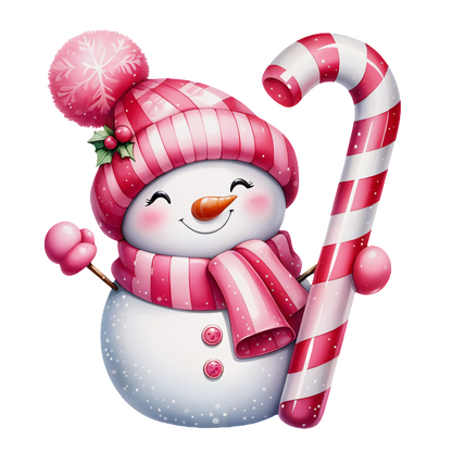 Cheerful snowman adorned with a pink striped hat and scarf, happily holding a candy cane, perfect for the festive season! dtf prints