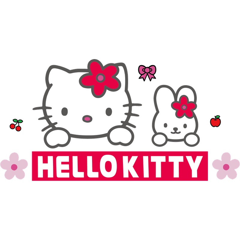 Adorable Hello Kitty and her bunny friend pop against a vibrant background, complemented by floral accents and playful graphics.DTF Transfers