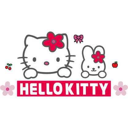 Adorable Hello Kitty and her bunny friend pop against a vibrant background, complemented by floral accents and playful graphics.DTF Transfers