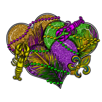 Celebrate Mardi Gras with this vibrant design featuring colorful beads, lobsters, and festive leaves in purple, green, and gold!DTF Transfers