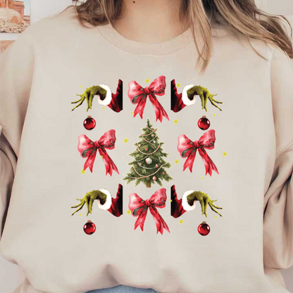 A festive pattern featuring a decorated Christmas tree, vibrant red bows, ornaments, and whimsical green hands in Santa sleeves. dtf transfers