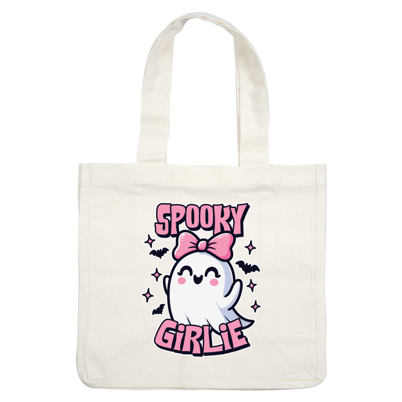 A cute ghost character with a pink bow, surrounded by bats and sparkles, featuring the text "Spooky Girlie." heat press transfers