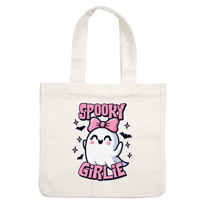 A cute ghost character with a pink bow, surrounded by bats and sparkles, featuring the text "Spooky Girlie." heat press transfers