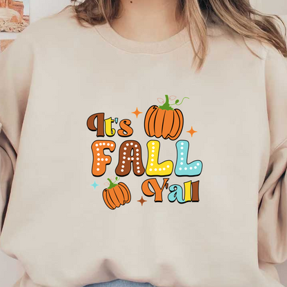 Celebrate the season with this vibrant "It's Fall Y’all" design featuring playful pumpkins and colorful lettering! heat press transfers