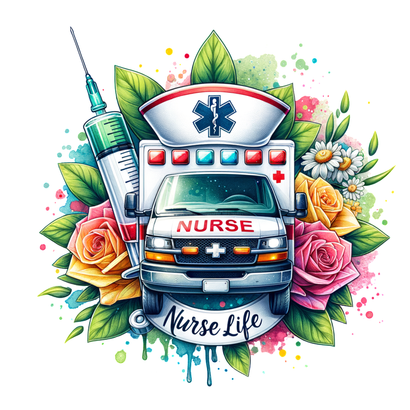 A vibrant design featuring an ambulance with "NURSE" on it, surrounded by flowers and medical elements, celebrating "Nurse Life."DTF Transfers