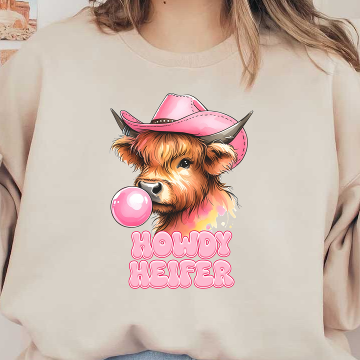 Una divertida ilustración de una vaca con un sombrero de vaquero rosa y soplando chicle, con la leyenda "Hola vaquilla".