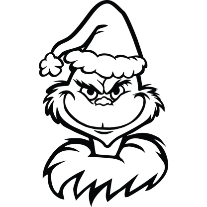 This is a playful illustration of the Grinch, wearing a festive Santa hat and showcasing his iconic mischievous grin.DTF Transfers dtf prints