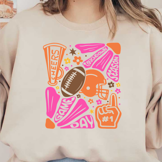 A vibrant collage celebrating game day, featuring a football, helmet, cheer items, and playful phrases in bright colors. dtf transfers