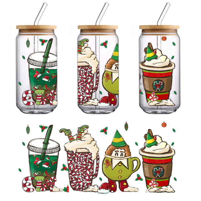 Celebrate the holidays with whimsical drinks featuring festive colors, playful elf characters, and delightful candy cane accents!UV Transfers heat press transfers