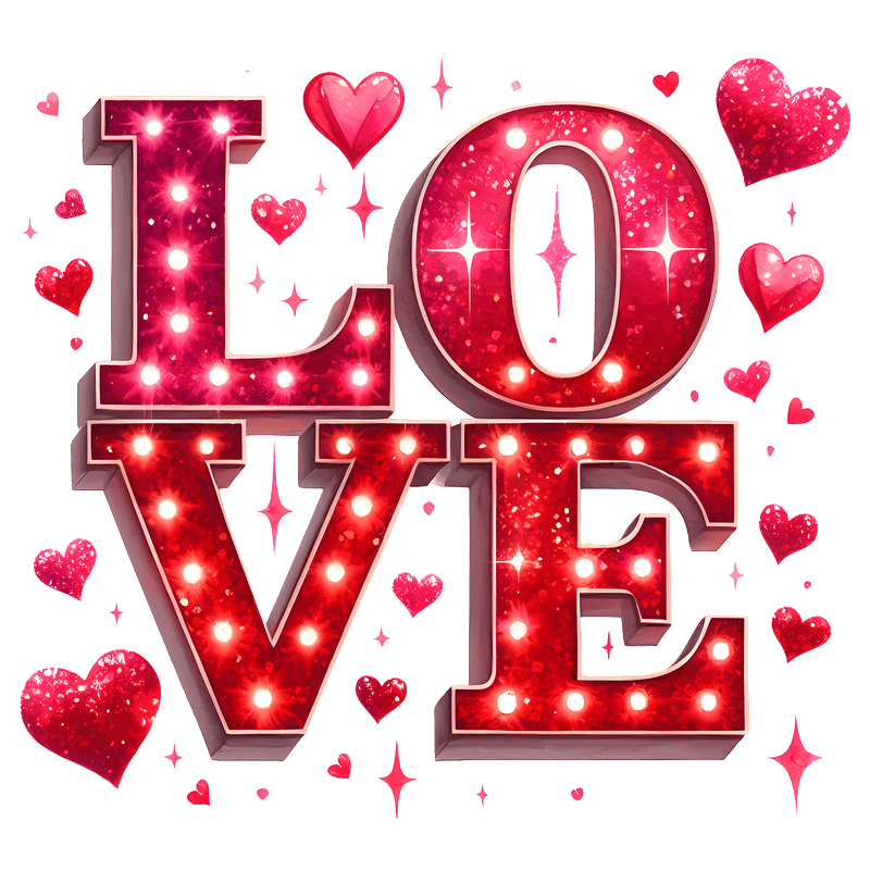 A vibrant, illuminated "LOVE" sign embellished with sparkling hearts, perfect for romantic occasions and celebrations.DTF Transfers