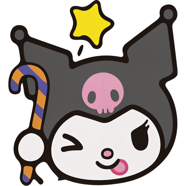 This playful character features a jester hat with a pink skull, a candy cane, and stars, showcasing a whimsical design.DTF Transfers