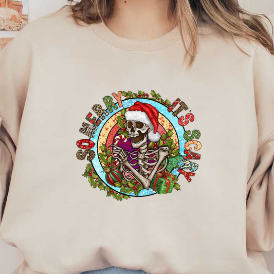 A festive skeleton wearing a Santa hat, surrounded by holly and Christmas decorations, brings a humorous twist to holiday cheer.DTF Transfersdtf regular iron dtf prints