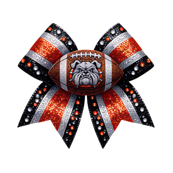 A vibrant bow featuring a football and a bulldog design, adorned with sparkling rhinestones in team colors.DTF Transfersdtf regular iron