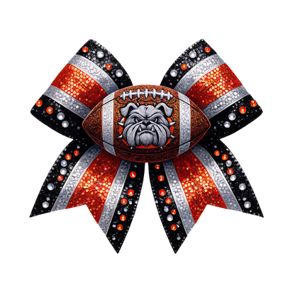 A vibrant bow featuring a football and a bulldog design, adorned with sparkling rhinestones in team colors.DTF Transfersdtf regular iron