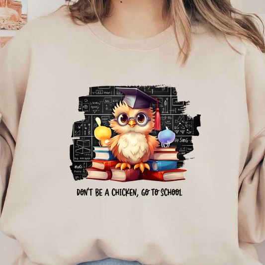 A cute, cartoon owl wearing glasses and a graduation cap sits atop colorful books against a math-themed background, promoting education. dtf transfers
