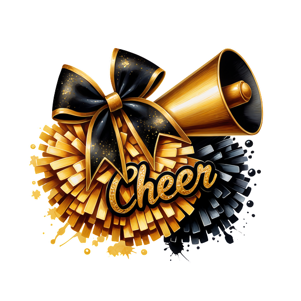 A vibrant cheerleading graphic featuring a golden megaphone, a stylish bow, and a dynamic pom-pom with "Cheer" text.DTF Transfers dtf prints