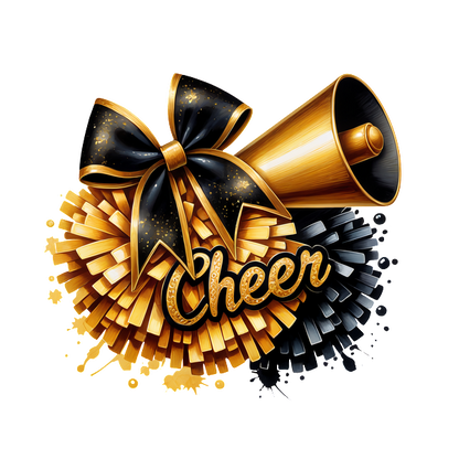 A vibrant cheerleading graphic featuring a golden megaphone, a stylish bow, and a dynamic pom-pom with "Cheer" text.DTF Transfers dtf prints