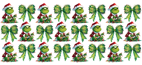 A festive pattern featuring the Grinch in a Santa hat alongside cheerful green bows, perfect for holiday decorations.UV Transfers dtf transfers