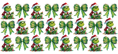 A festive pattern featuring the Grinch in a Santa hat alongside cheerful green bows, perfect for holiday decorations.UV Transfers dtf transfers