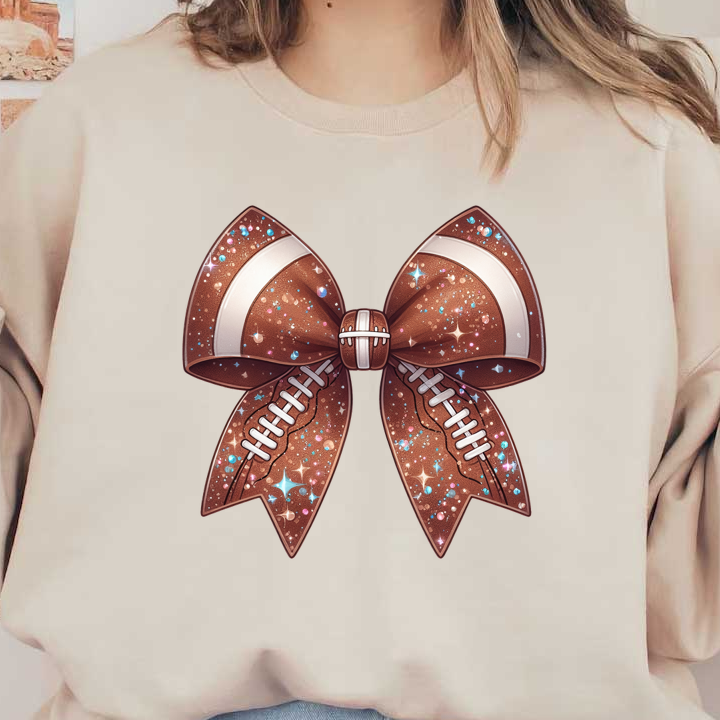 This decorative bow features a football design with sparkling details and shiny embellishments, perfect for sports-themed celebrations.