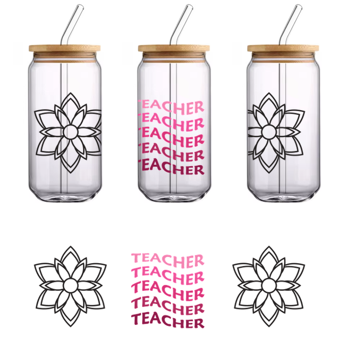 A vibrant design featuring the word "TEACHER" in pink with floral elements on both sides, celebrating educators.UV Transfers heat press transfers