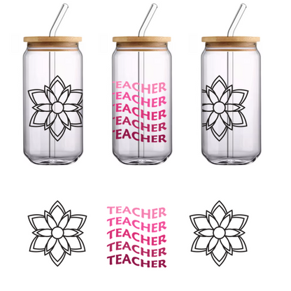 A vibrant design featuring the word "TEACHER" in pink with floral elements on both sides, celebrating educators.UV Transfers heat press transfers