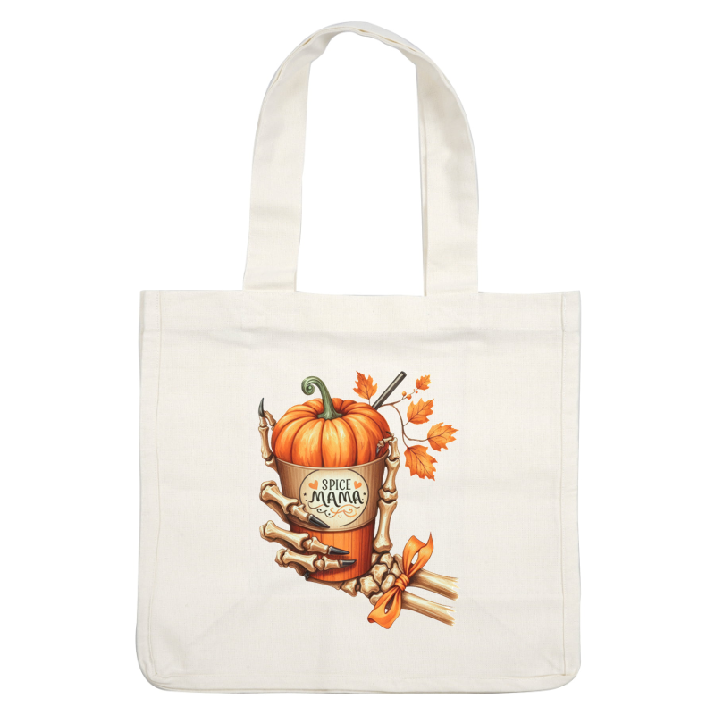 A whimsical illustration featuring a pumpkin in a rustic pot labeled "Spice Mama," held by skeletal hands with autumn leaves.dtf regular iron