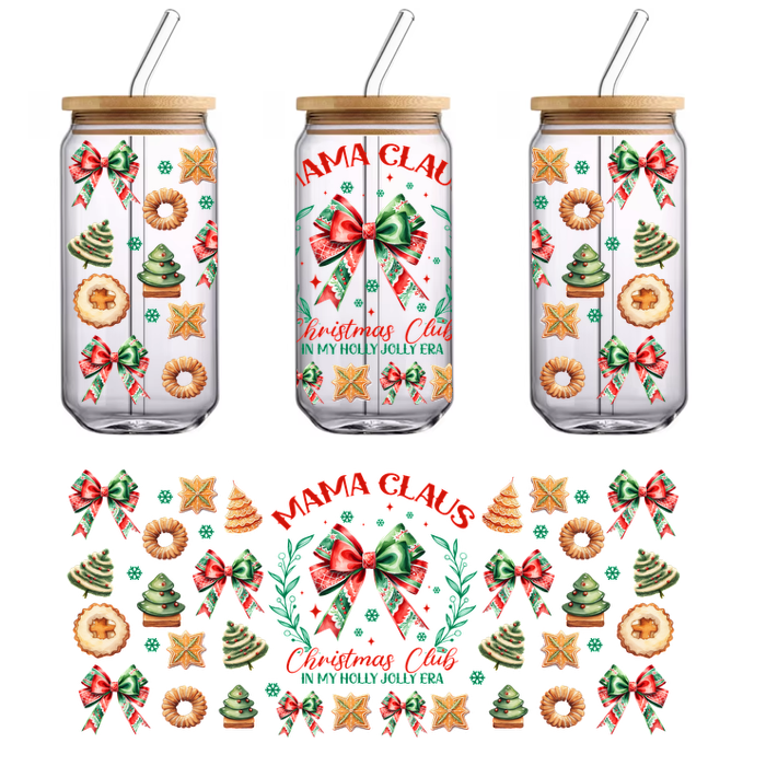 Festive illustration featuring "Mama Claus" with Christmas trees, cookies, bows, and holiday decorations for a cheerful holiday vibe.UV Transfers heat press transfers