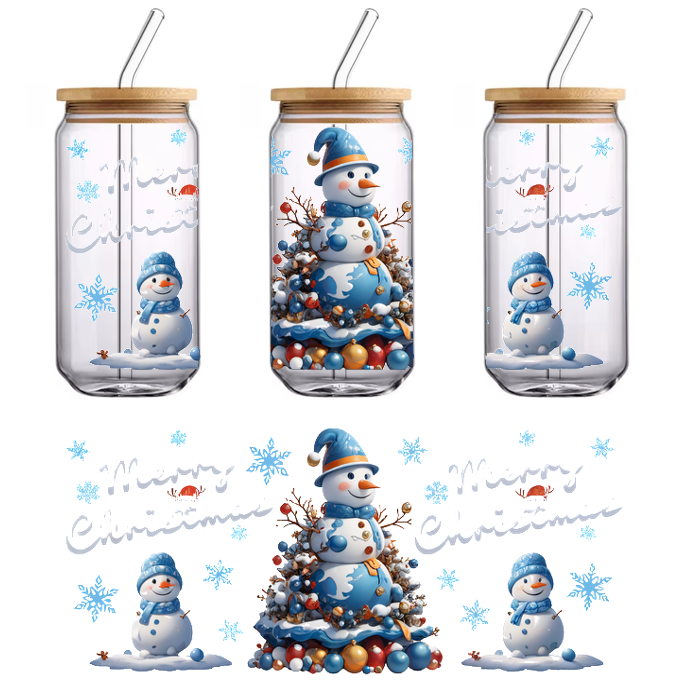 A cheerful holiday scene featuring a festive snowman surrounded by colorful ornaments, accented by "Merry Christmas" text and snowy motifs.UV Transfers dtf transfers