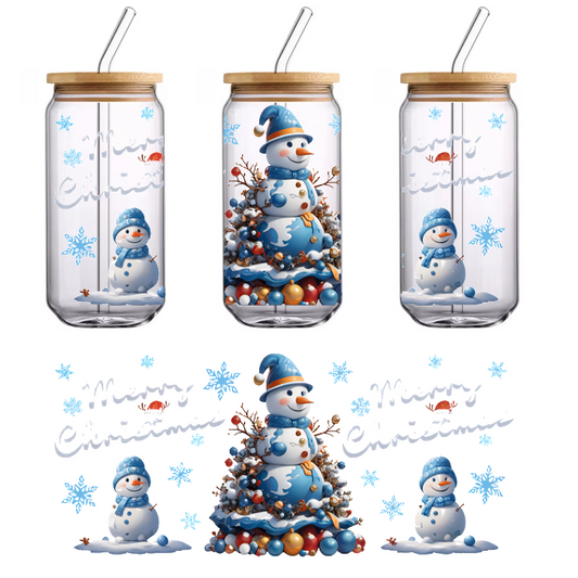 A cheerful holiday scene featuring a festive snowman surrounded by colorful ornaments, accented by "Merry Christmas" text and snowy motifs.UV Transfers dtf transfers